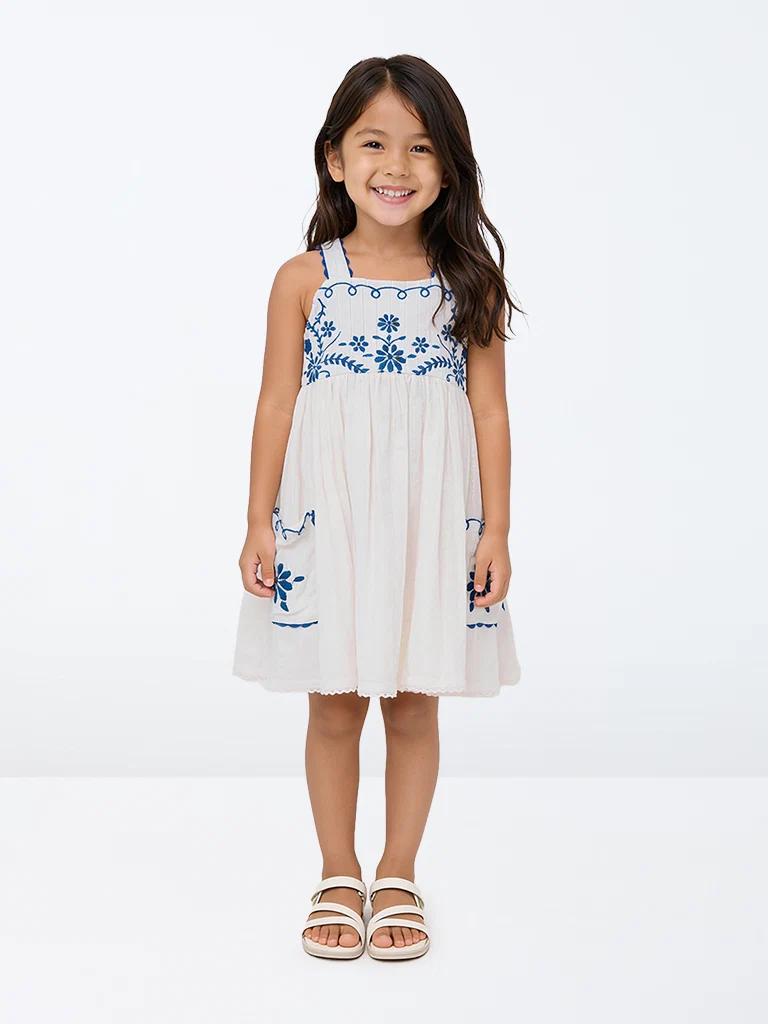 Kids Girls White Floral Embroidered Cotton A-Line Dress with Scrunchie